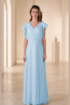 Romantic A-Line V-Neck Flutter-Sleeve Open-Back Long Bridesmaid Dress