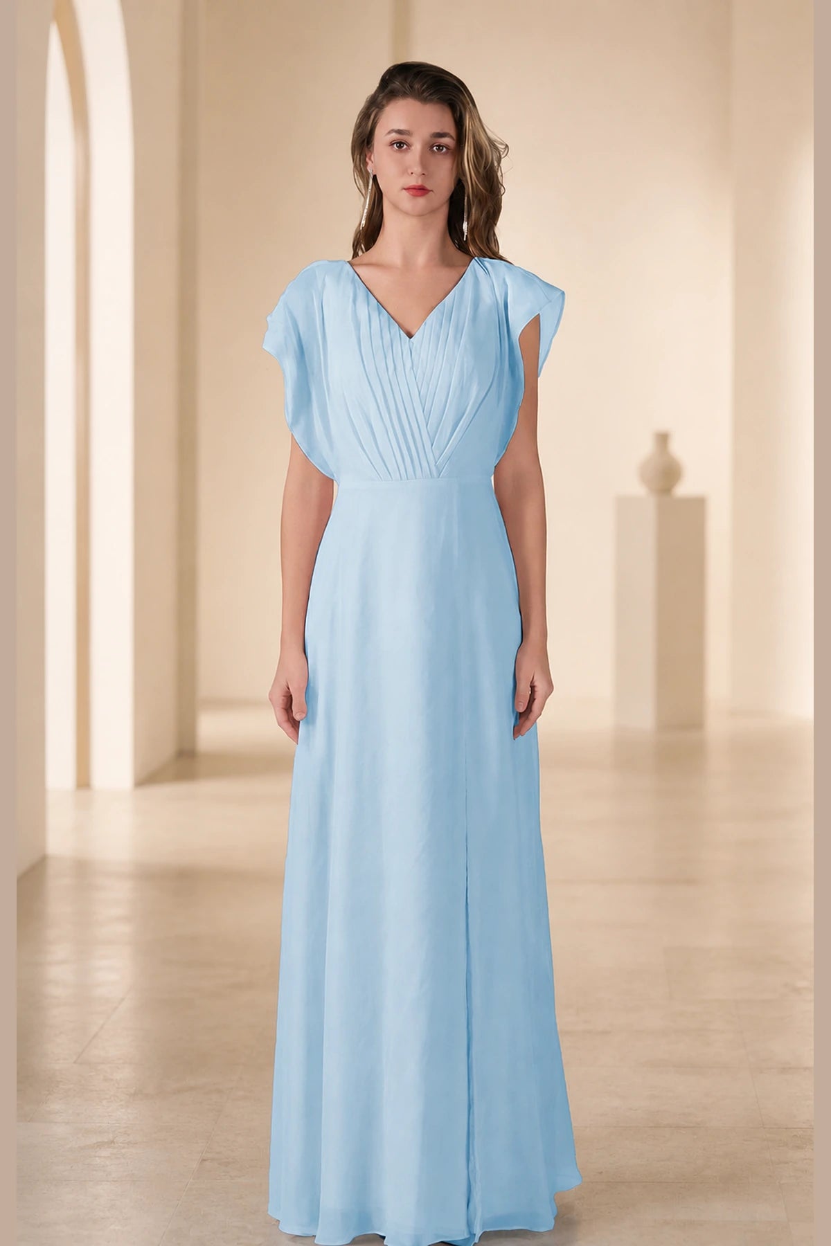 Romantic A-Line V-Neck Flutter-Sleeve Open-Back Long Bridesmaid Dress