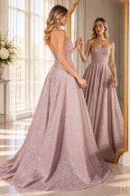 Blush pink glitter A line strapless sweetheart prom dress with front slit