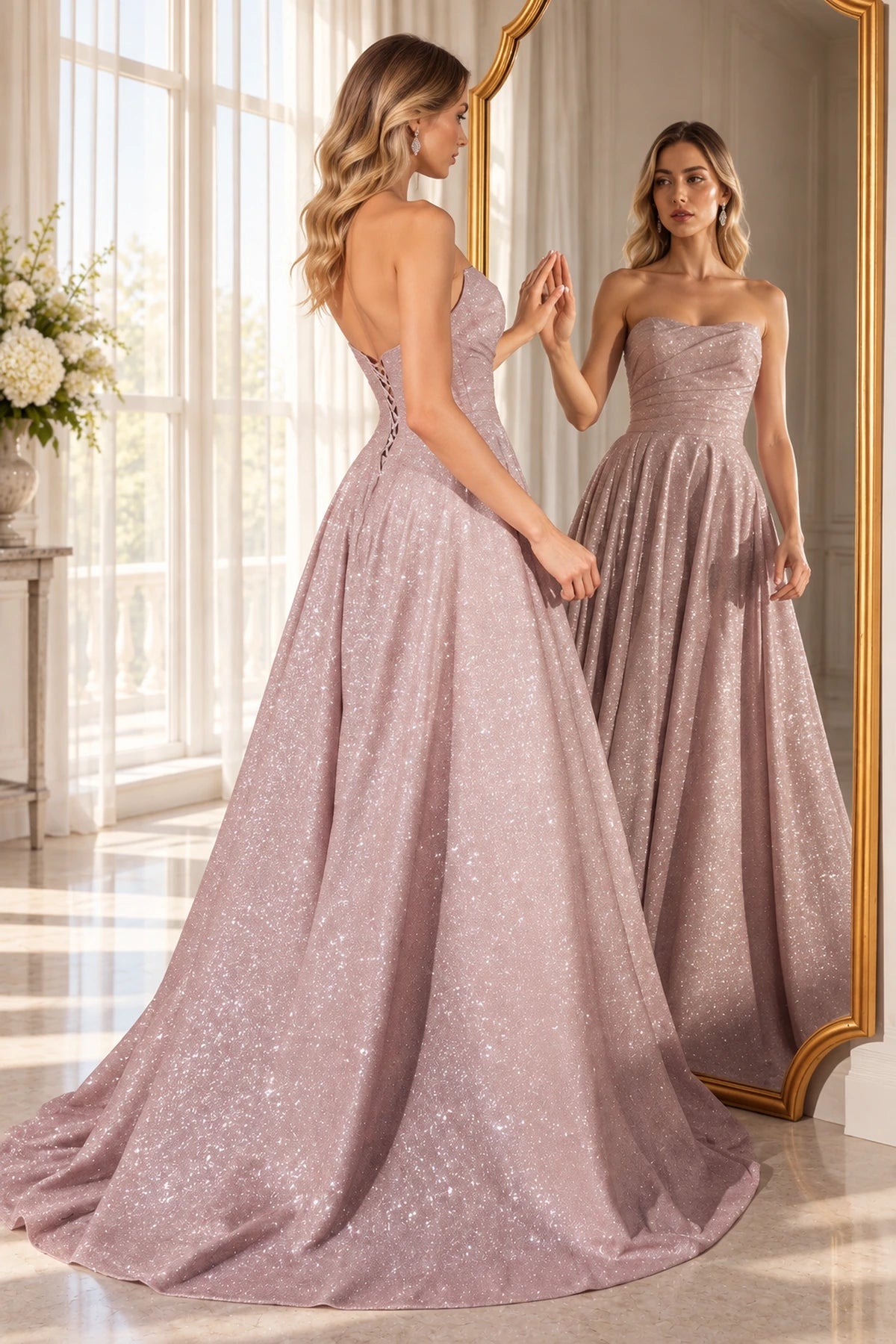 Blush pink glitter A line strapless sweetheart prom dress with front slit