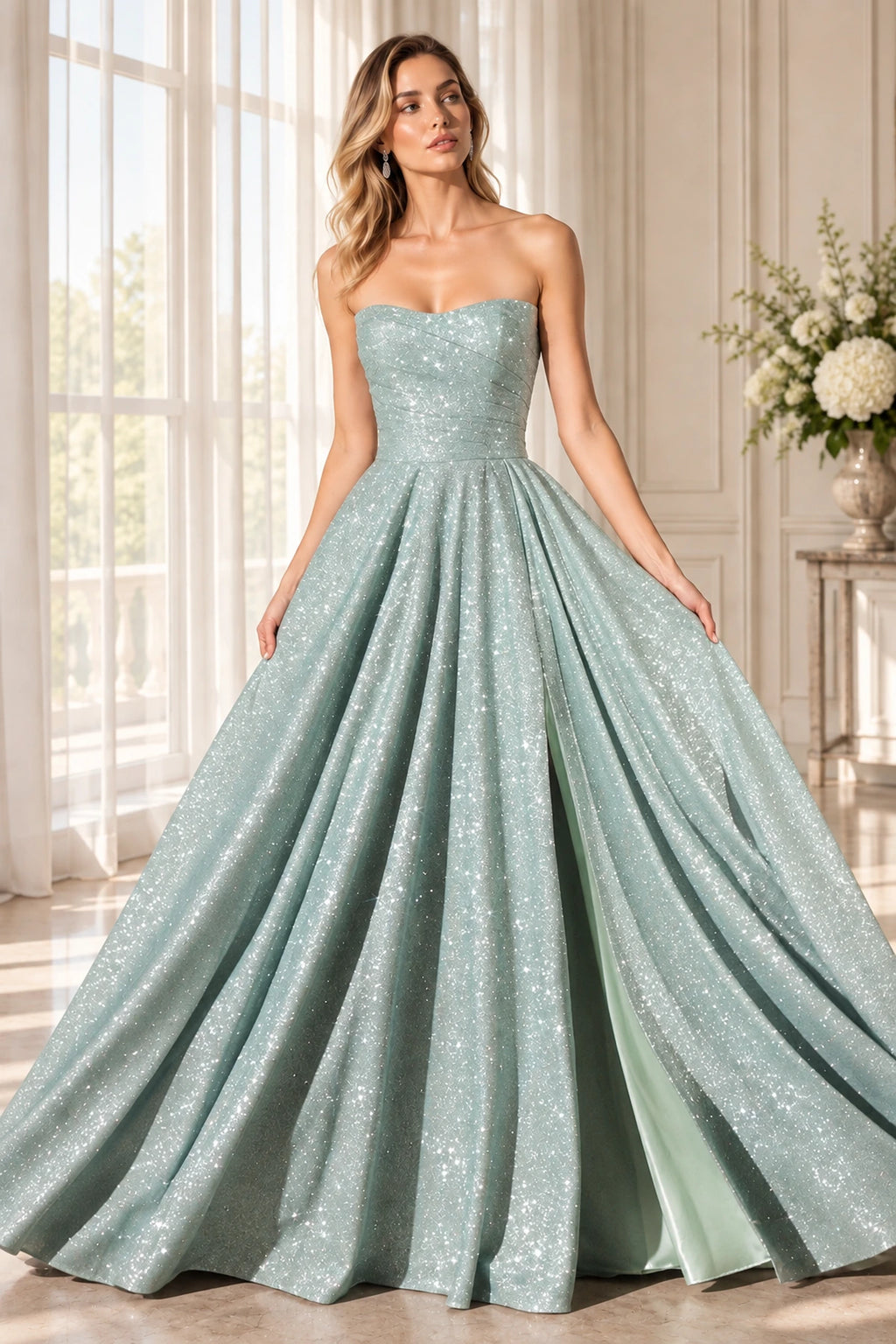 Elegant Strapless A Line Sweetheart Sleeveless Long Prom Dress
