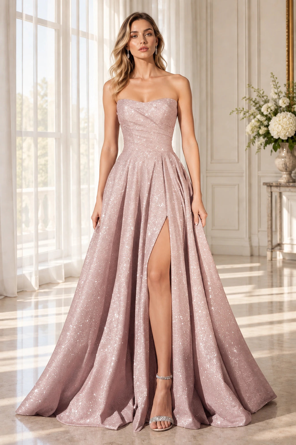 Blush pink glitter A line strapless sweetheart prom dress with front slit