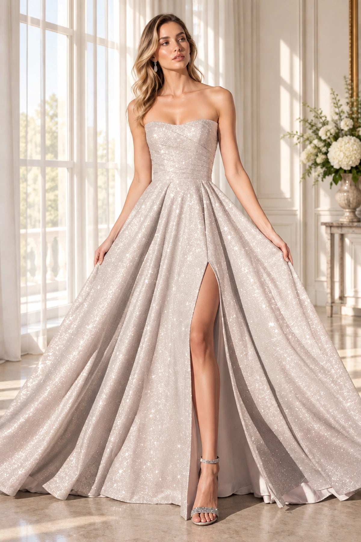 Elegant Strapless A Line Sweetheart Sleeveless Long Prom Dress