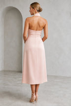 Blush pink wedding guest dress with open back and center zipper