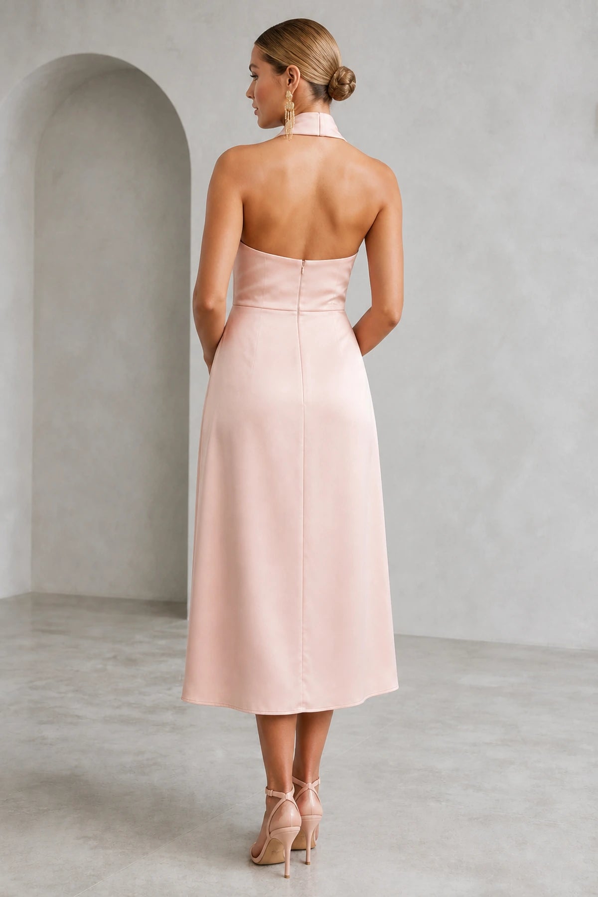 Blush pink wedding guest dress with open back and center zipper