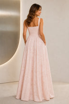 Back view of blush pink jacquard bridesmaid dress with square back, wide straps, center zipper and floor-length A-line skirt