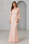 Blush pink lace mermaid Mother of the Bride dress with bateau neckline, three-quarter bell sleeves and zip back, front and back view by Vedress