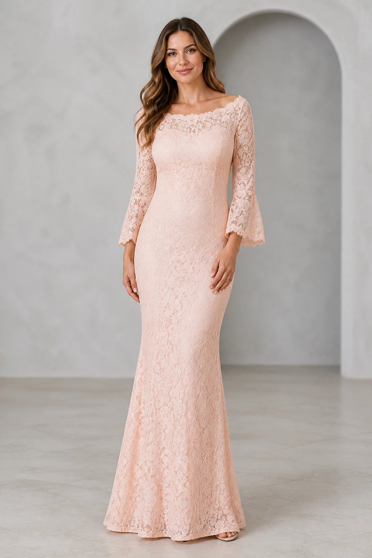 Blush pink lace mermaid Mother of the Bride dress with bateau neckline, three-quarter bell sleeves and zip back, front and back view by Vedress