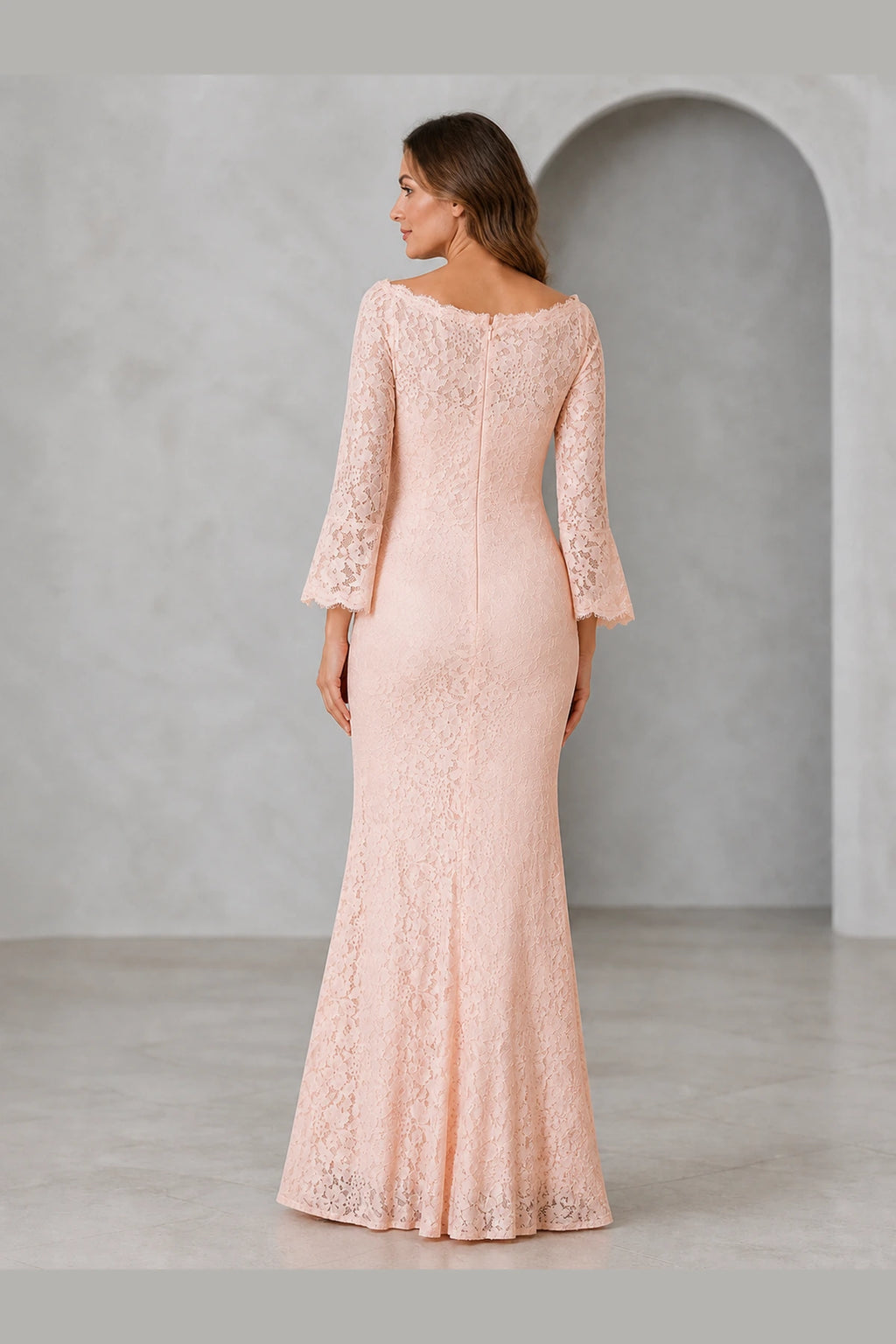 Blush pink lace mermaid Mother of the Bride dress with bateau neckline, three-quarter bell sleeves and zip back, front and back view by Vedress