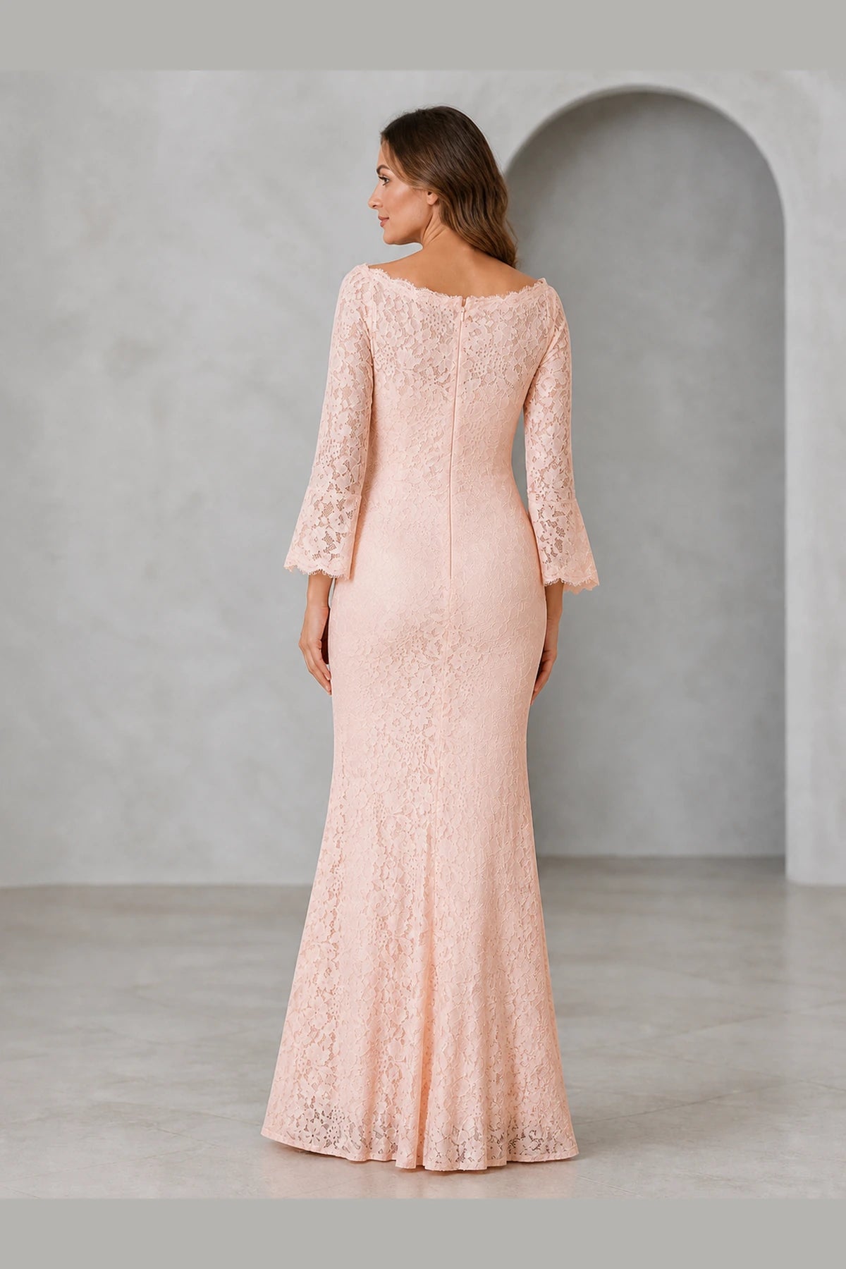 Blush pink lace mermaid Mother of the Bride dress with bateau neckline, three-quarter bell sleeves and zip back, front and back view by Vedress