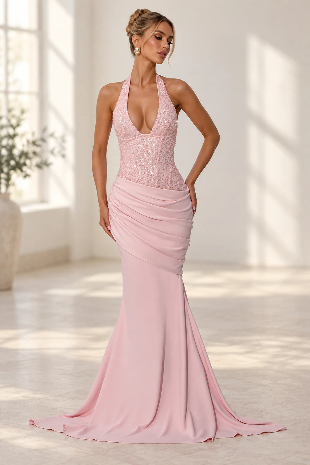Blush pink halter mermaid wedding guest dress with sequin bodice by Graceprom