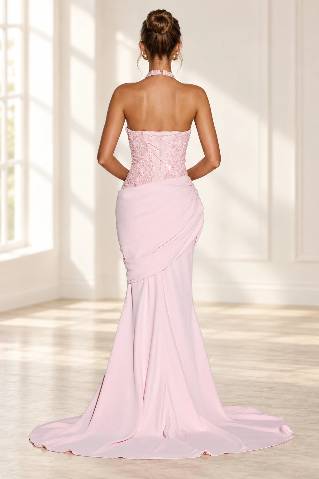 Blush pink halter mermaid wedding guest dress with sequin bodice by Graceprom