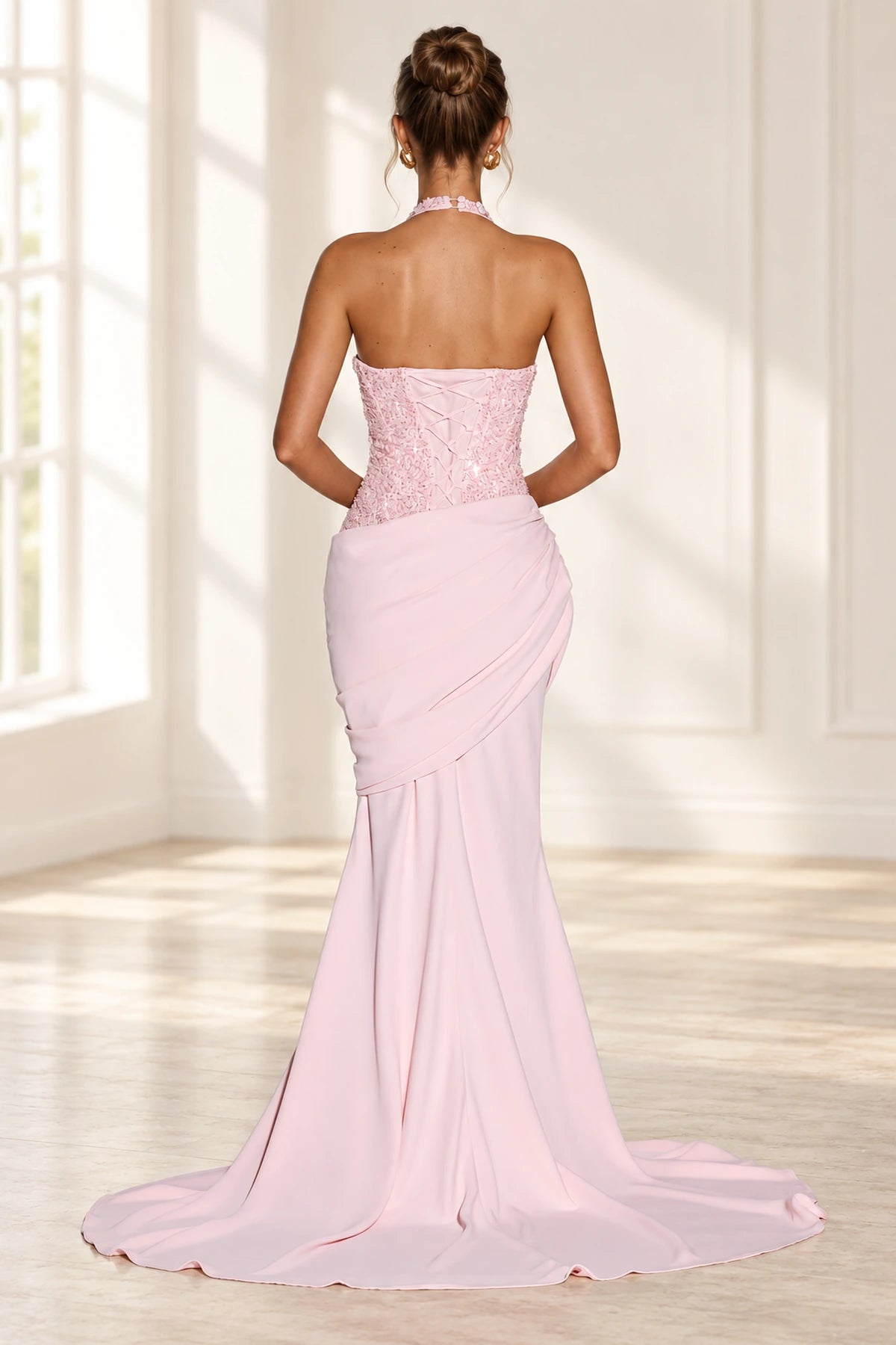 Blush pink halter mermaid wedding guest dress with sequin bodice by Graceprom
