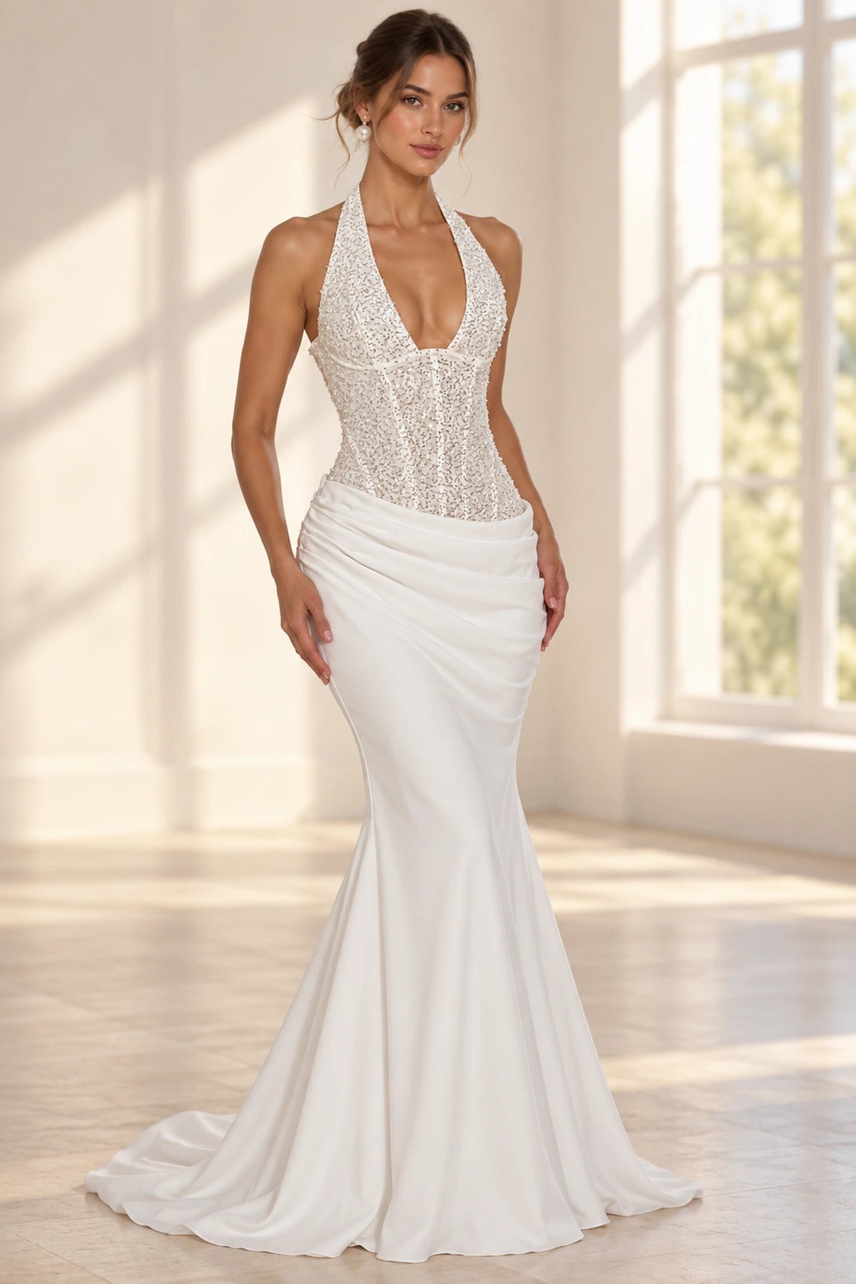 Elegant Mermaid Halter Sleeveless Corset Back Floor Length Wedding Guest Dress