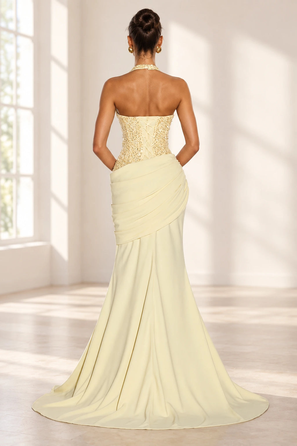 Elegant Mermaid Halter Sleeveless Corset Back Floor Length Wedding Guest Dress