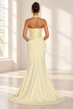 Elegant Mermaid Halter Sleeveless Corset Back Floor Length Wedding Guest Dress