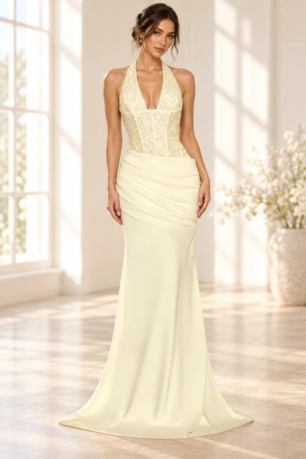 Elegant Mermaid Halter Sleeveless Corset Back Floor Length Wedding Guest Dress
