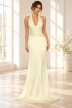 Elegant Mermaid Halter Sleeveless Corset Back Floor Length Wedding Guest Dress