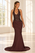 Elegant Mermaid Halter Sleeveless Corset Back Floor Length Wedding Guest Dress