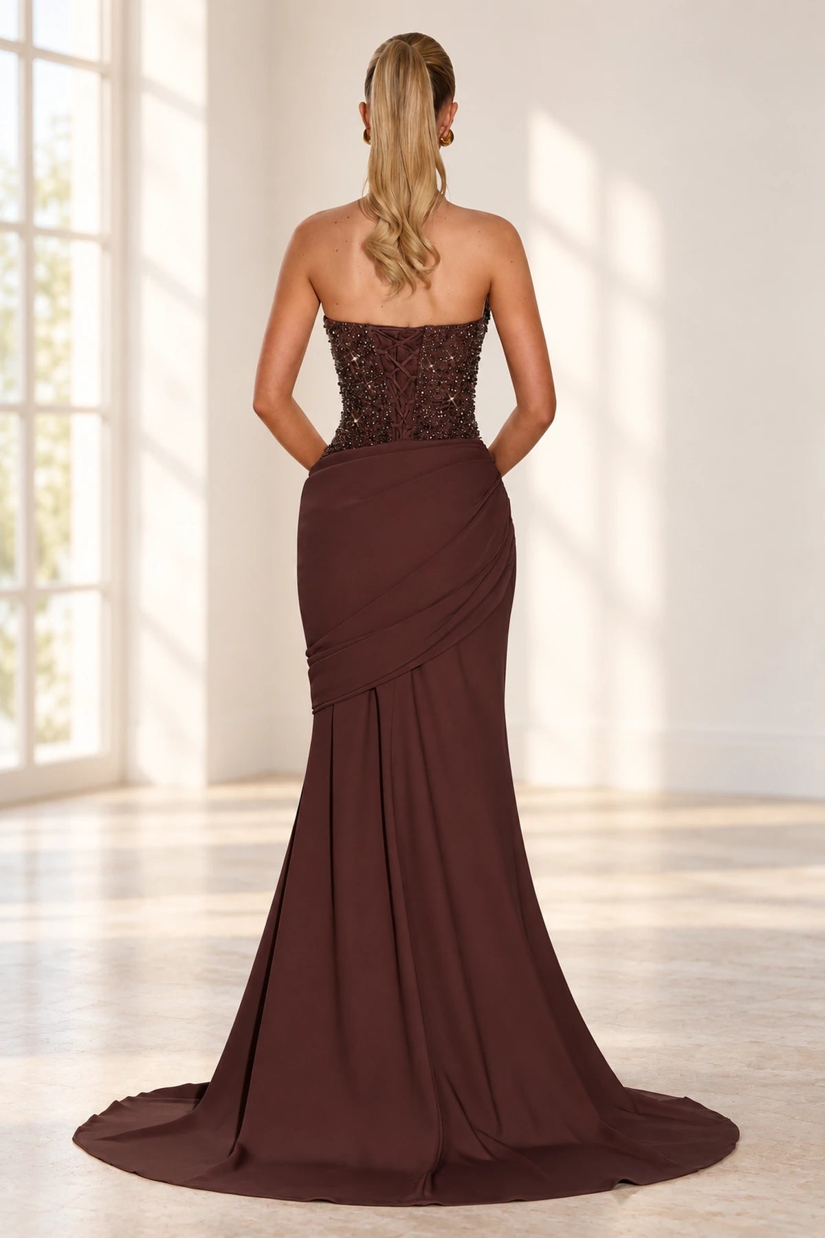 Elegant Mermaid Halter Sleeveless Corset Back Floor Length Wedding Guest Dress