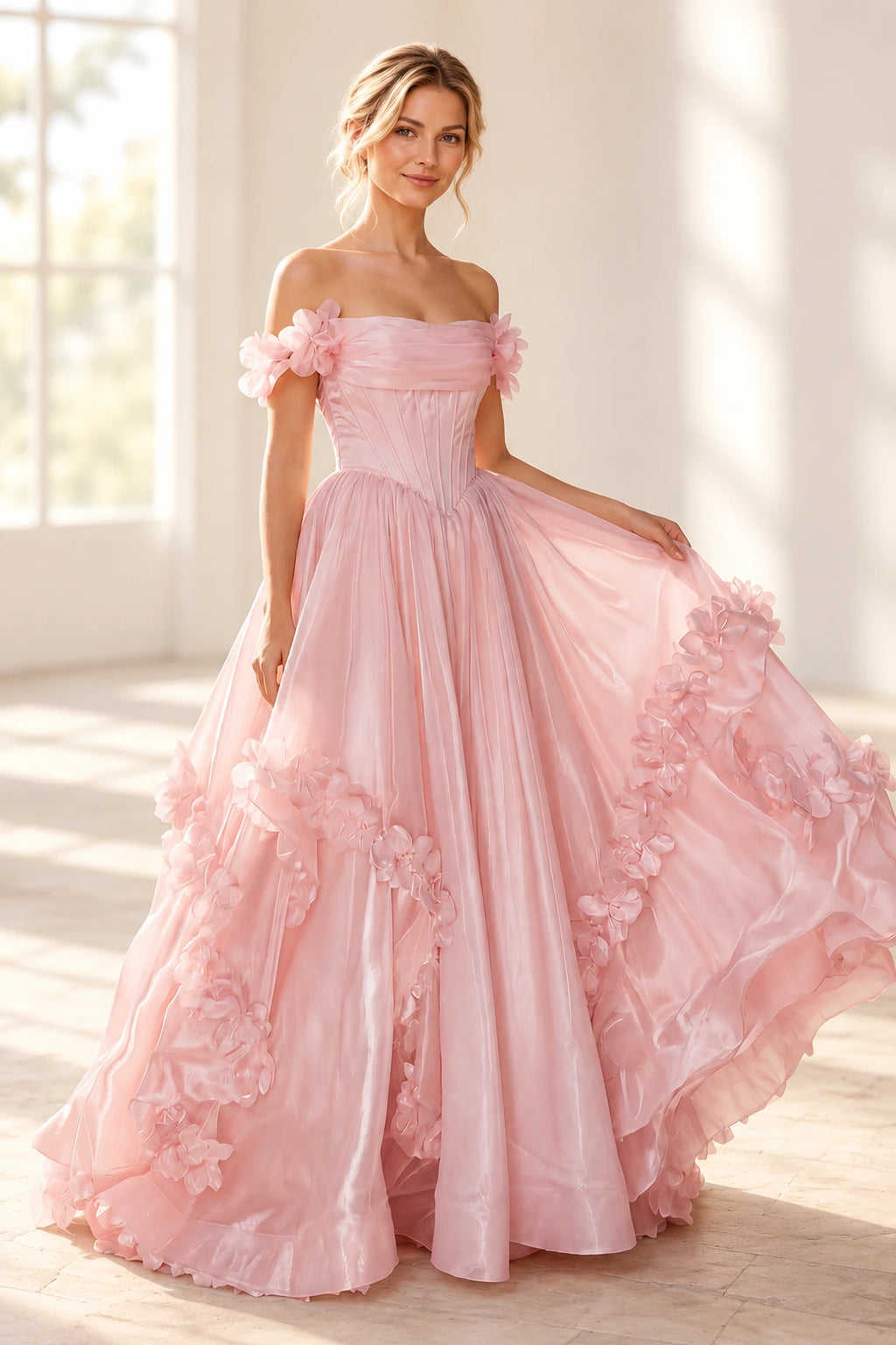 Blush pink A line prom dress with a pleated off shoulder neckline, floral arm details, pointed corset-style waist, and flower-trimmed skirt.