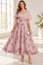 Blush pink A-line Mother of the Bride Dress with off-shoulder neckline and floral appliqué tulle