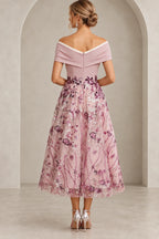 Back view of blush pink Mother of the Bride Dress with V-back, center zipper and floral embroidered A-line skirt