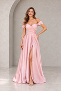 Blush pink prom dress with V back design, short sleeves and flowing floor length silhouette