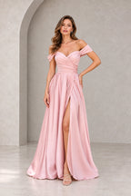Blush pink prom dress with V back design, short sleeves and flowing floor length silhouette