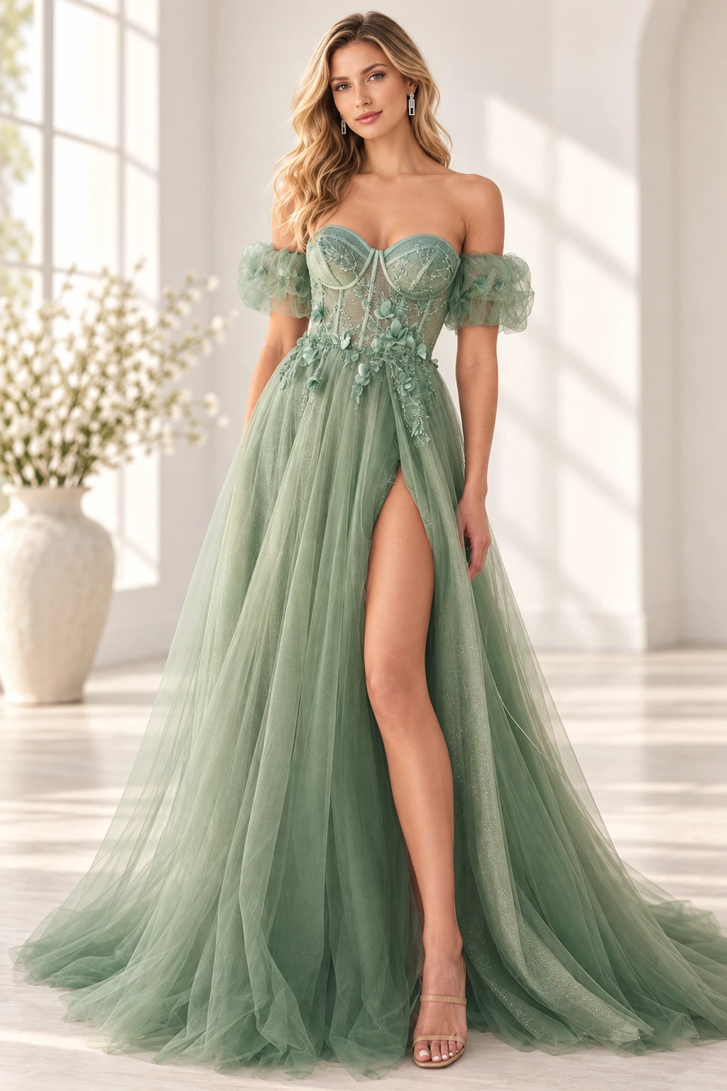 Romantic A Line Sweetheart Off Shoulder Corset Back Long Prom Dress