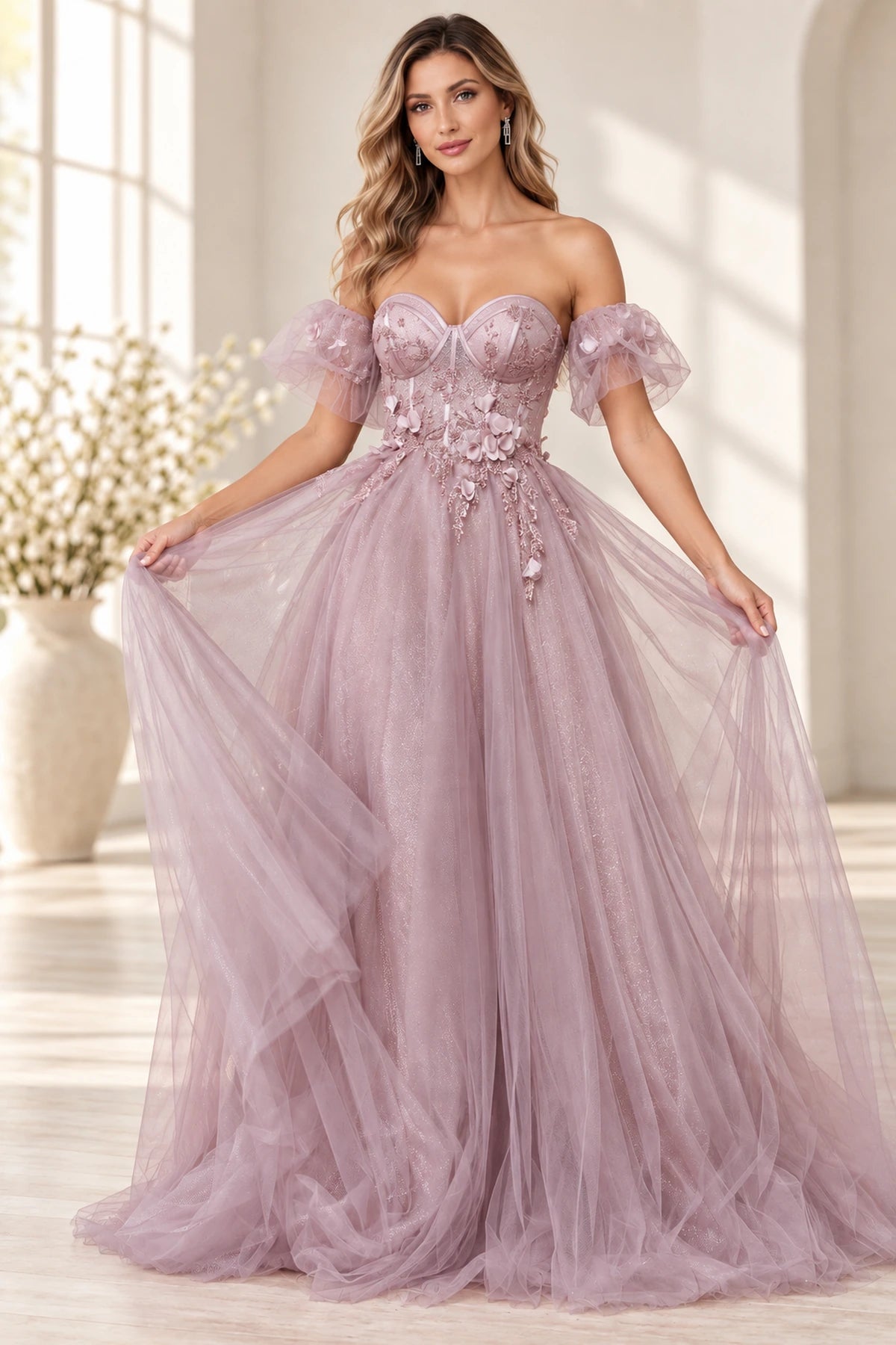 Romantic A Line Sweetheart Off Shoulder Corset Back Long Prom Dress