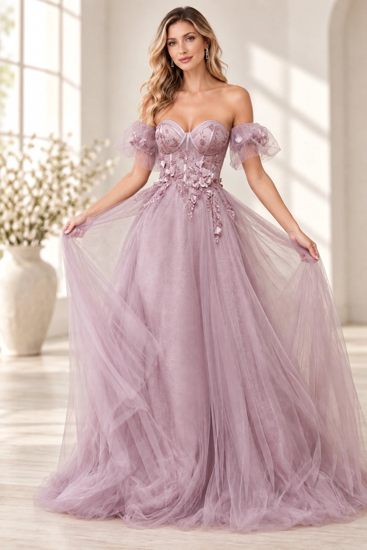 Romantic A Line Sweetheart Off Shoulder Corset Back Long Prom Dress