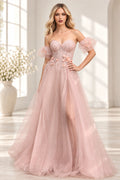 Blush pink A line prom dress with sweetheart corset bodice and off shoulder puff sleeves