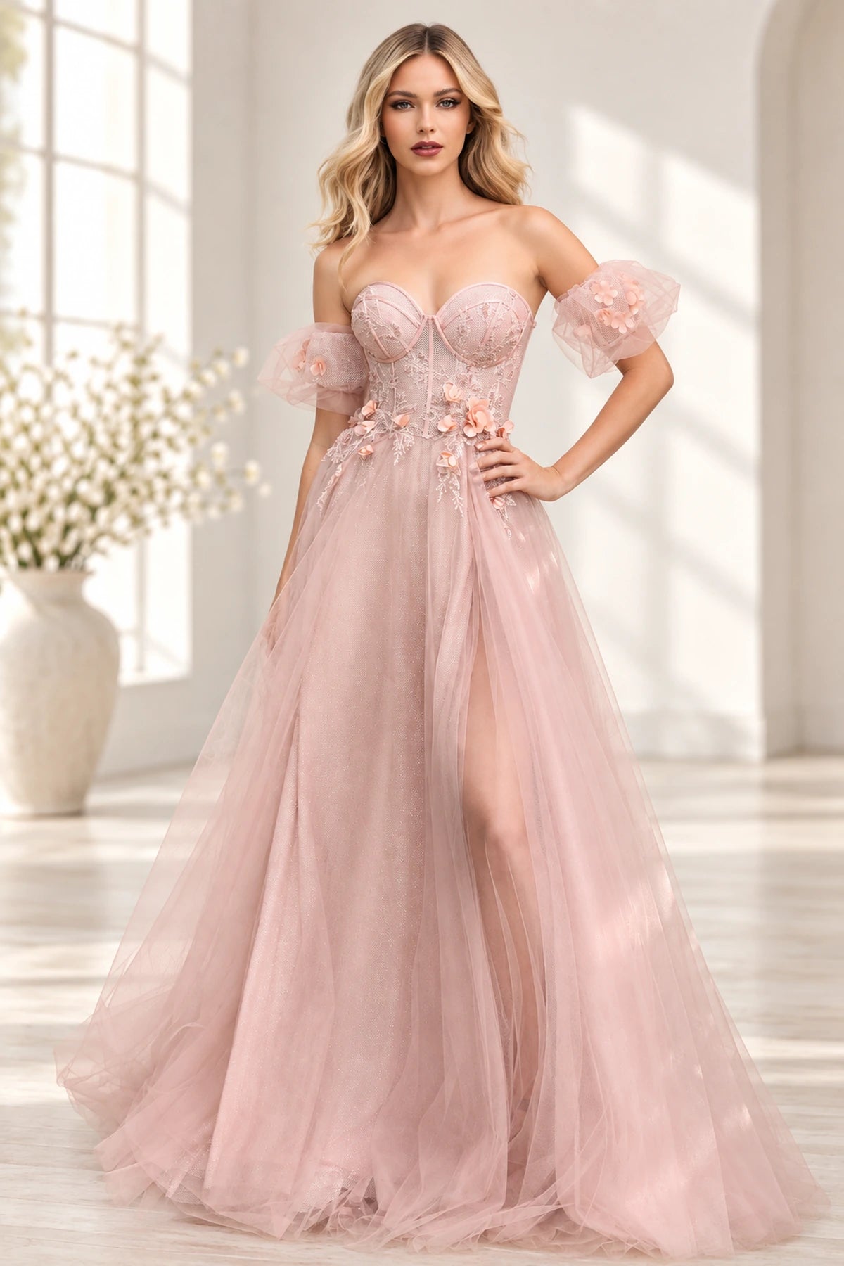 Blush pink A line prom dress with sweetheart corset bodice and off shoulder puff sleeves
