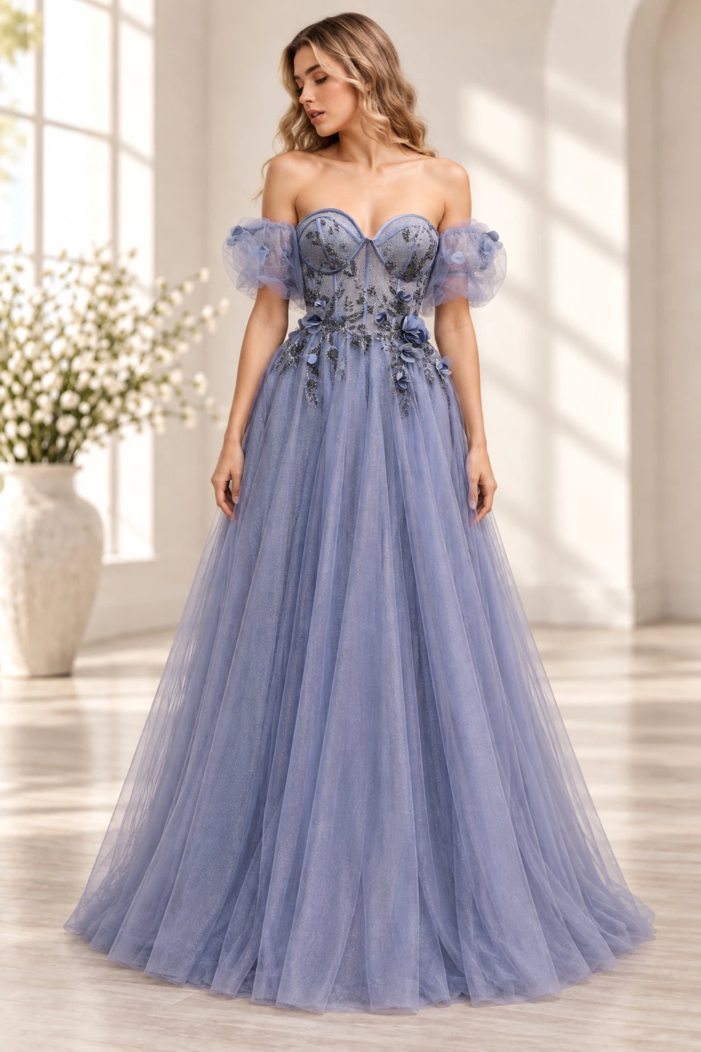 Romantic A Line Sweetheart Off Shoulder Corset Back Long Prom Dress