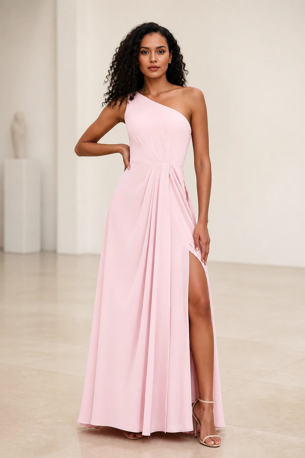 Romantic Pink A-Line One-Shoulder Sleeveless Zipper-Back Floor-Length Bridesmaid Dress