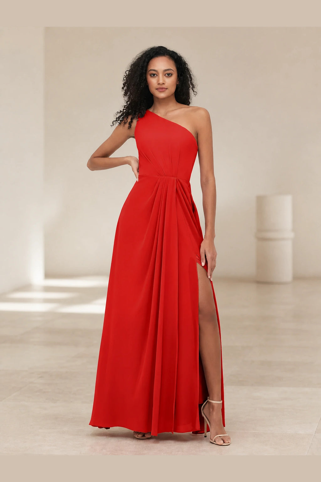 Romantic Pink A-Line One-Shoulder Sleeveless Zipper-Back Floor-Length Bridesmaid Dress
