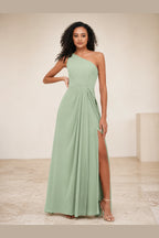 Romantic Pink A-Line One-Shoulder Sleeveless Zipper-Back Floor-Length Bridesmaid Dress