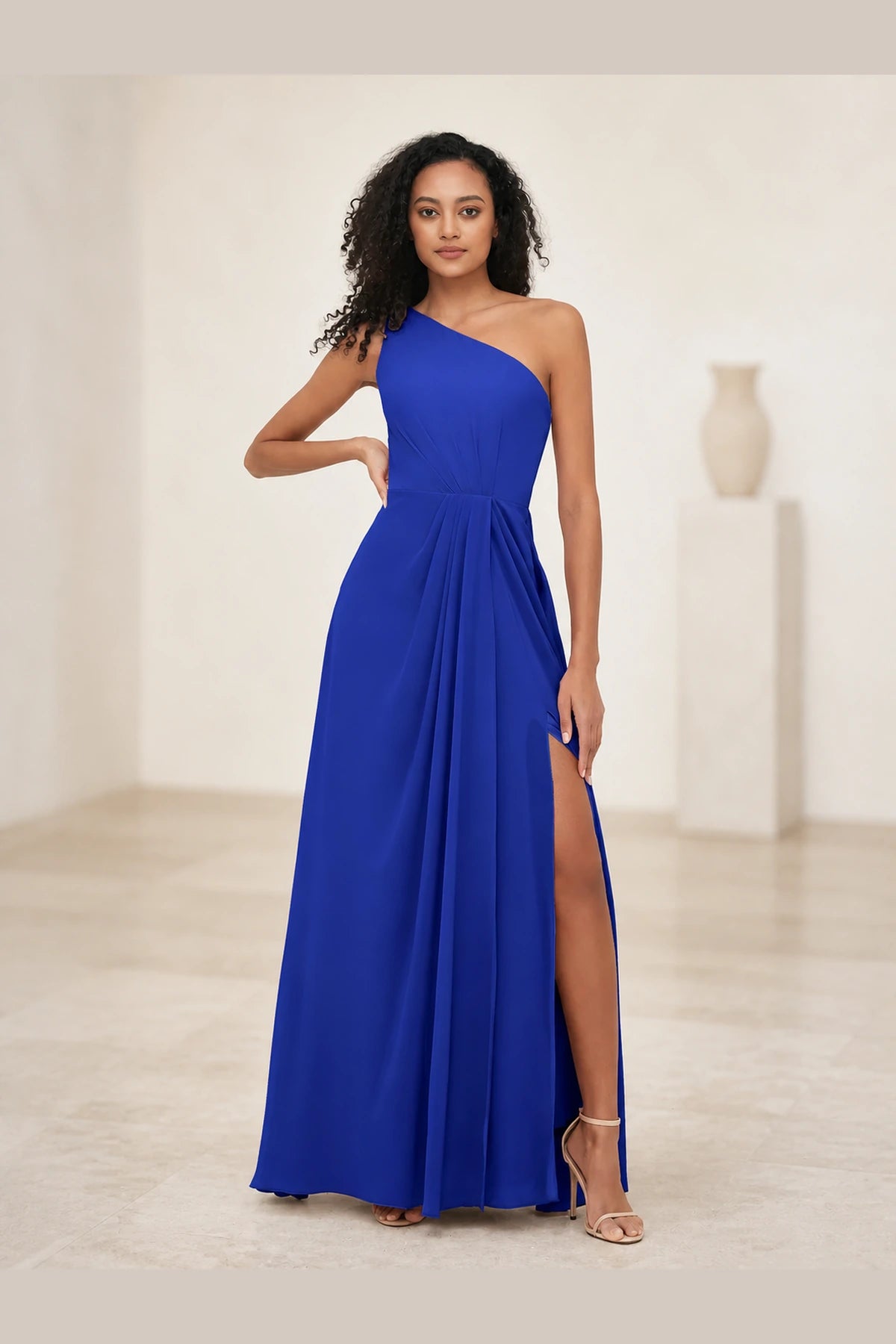 Romantic Pink A-Line One-Shoulder Sleeveless Zipper-Back Floor-Length Bridesmaid Dress