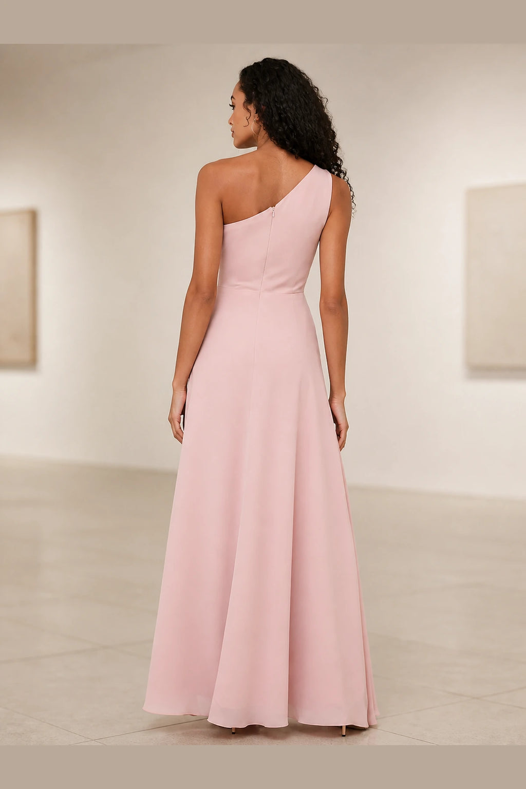 Romantic Pink A-Line One-Shoulder Sleeveless Zipper-Back Floor-Length Bridesmaid Dress