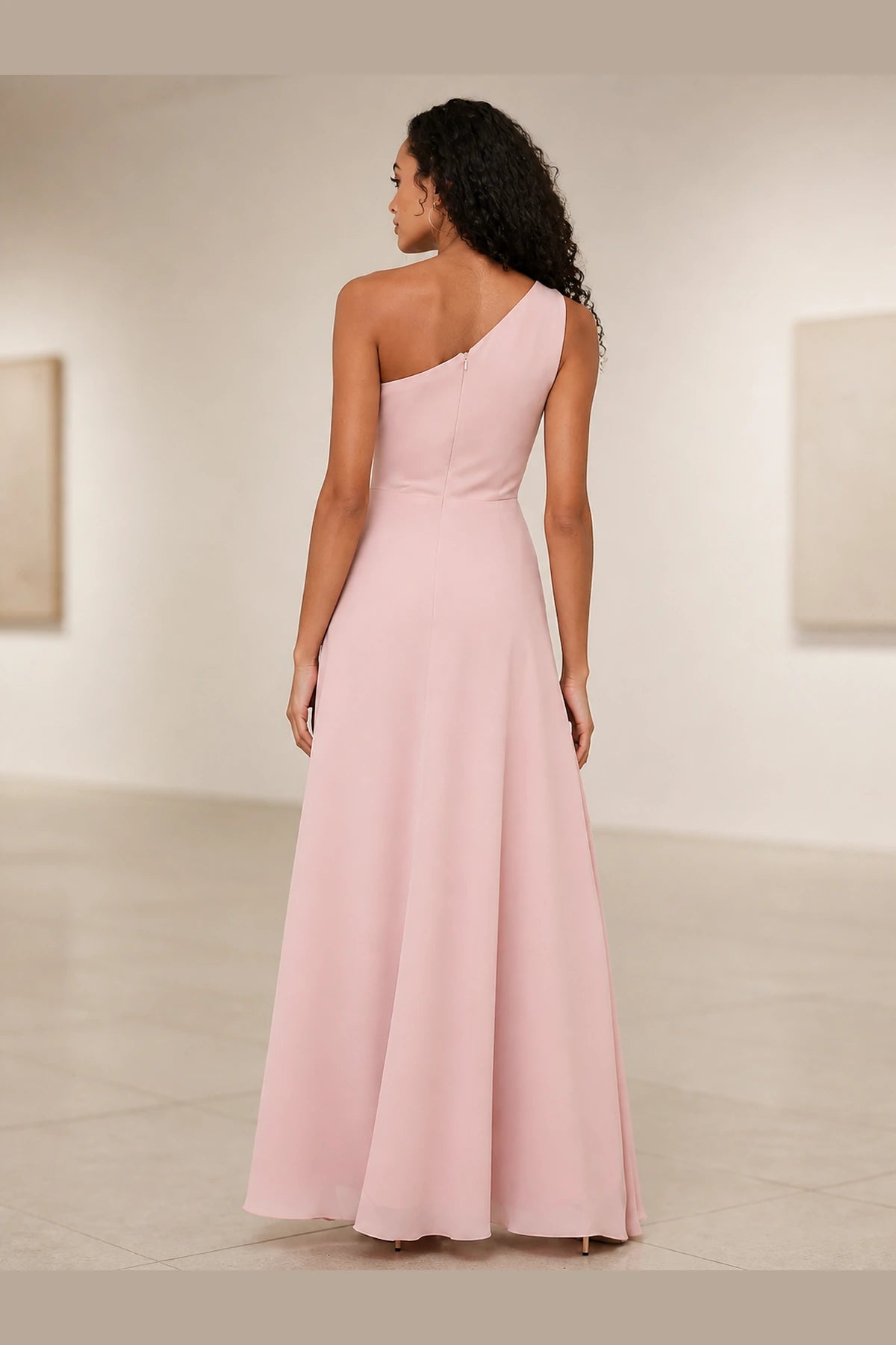 Romantic Pink A-Line One-Shoulder Sleeveless Zipper-Back Floor-Length Bridesmaid Dress