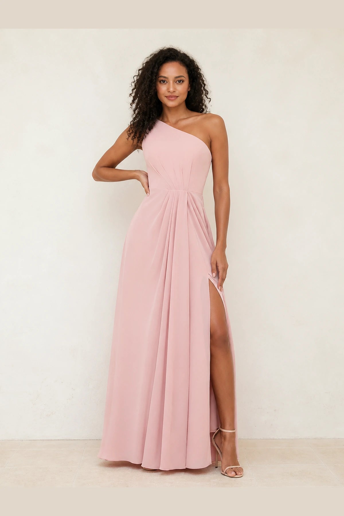 Romantic Pink A-Line One-Shoulder Sleeveless Zipper-Back Floor-Length Bridesmaid Dress