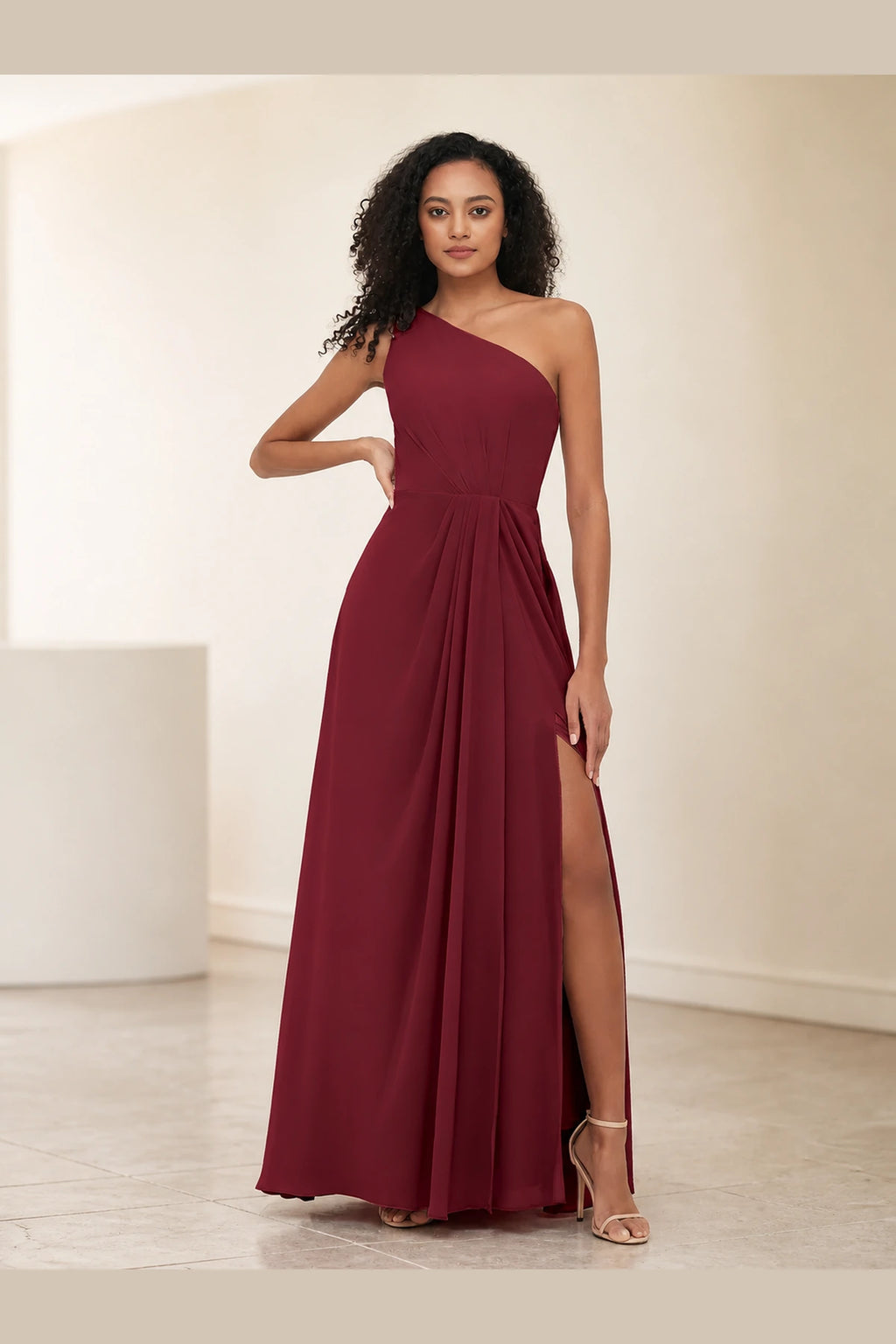 Romantic Pink A-Line One-Shoulder Sleeveless Zipper-Back Floor-Length Bridesmaid Dress