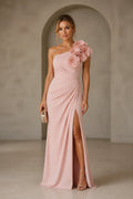 Blush pink one shoulder floral applique long prom dress with high slit