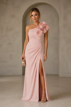 Blush pink one shoulder floral applique long prom dress with high slit