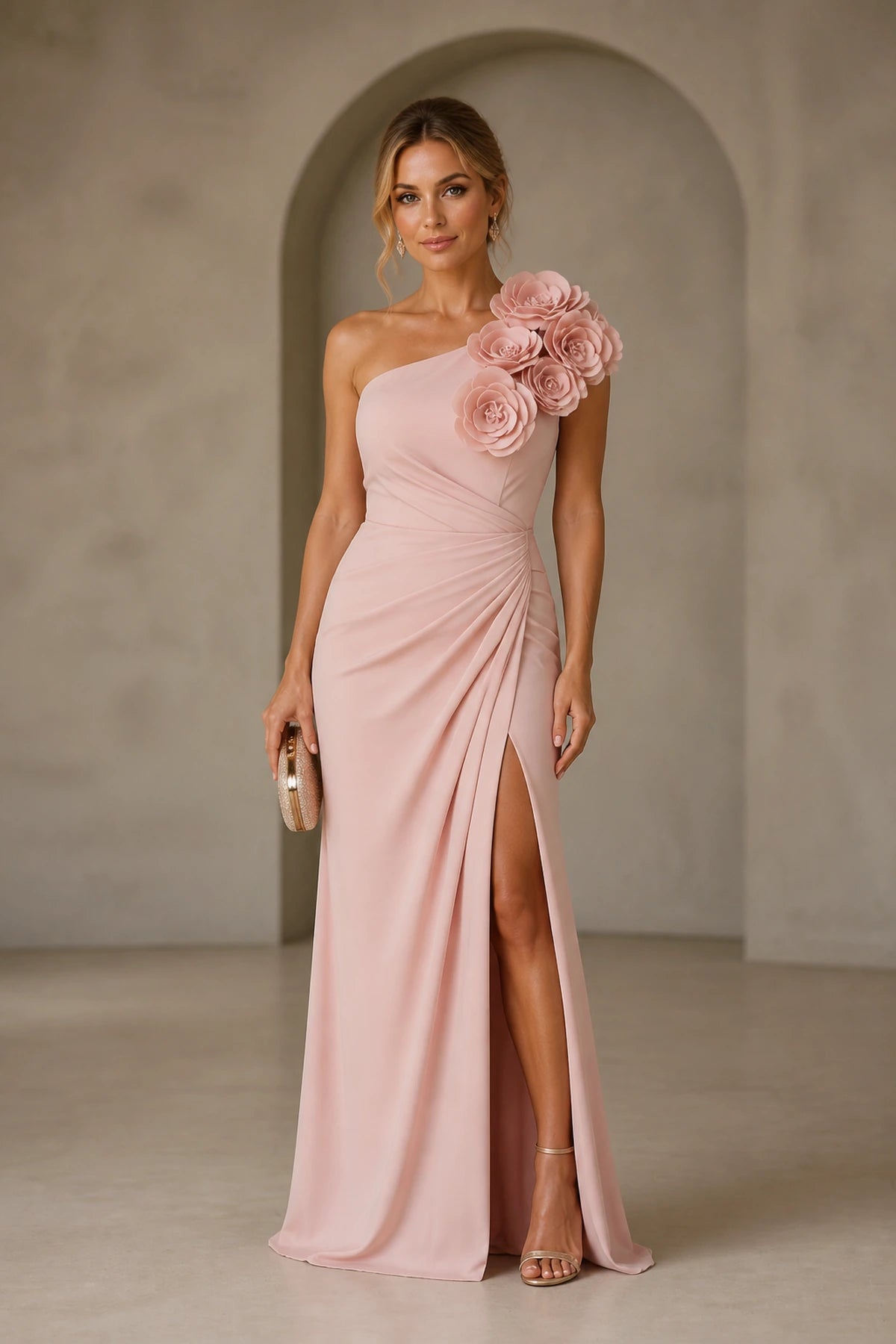 Blush pink one shoulder floral applique long prom dress with high slit