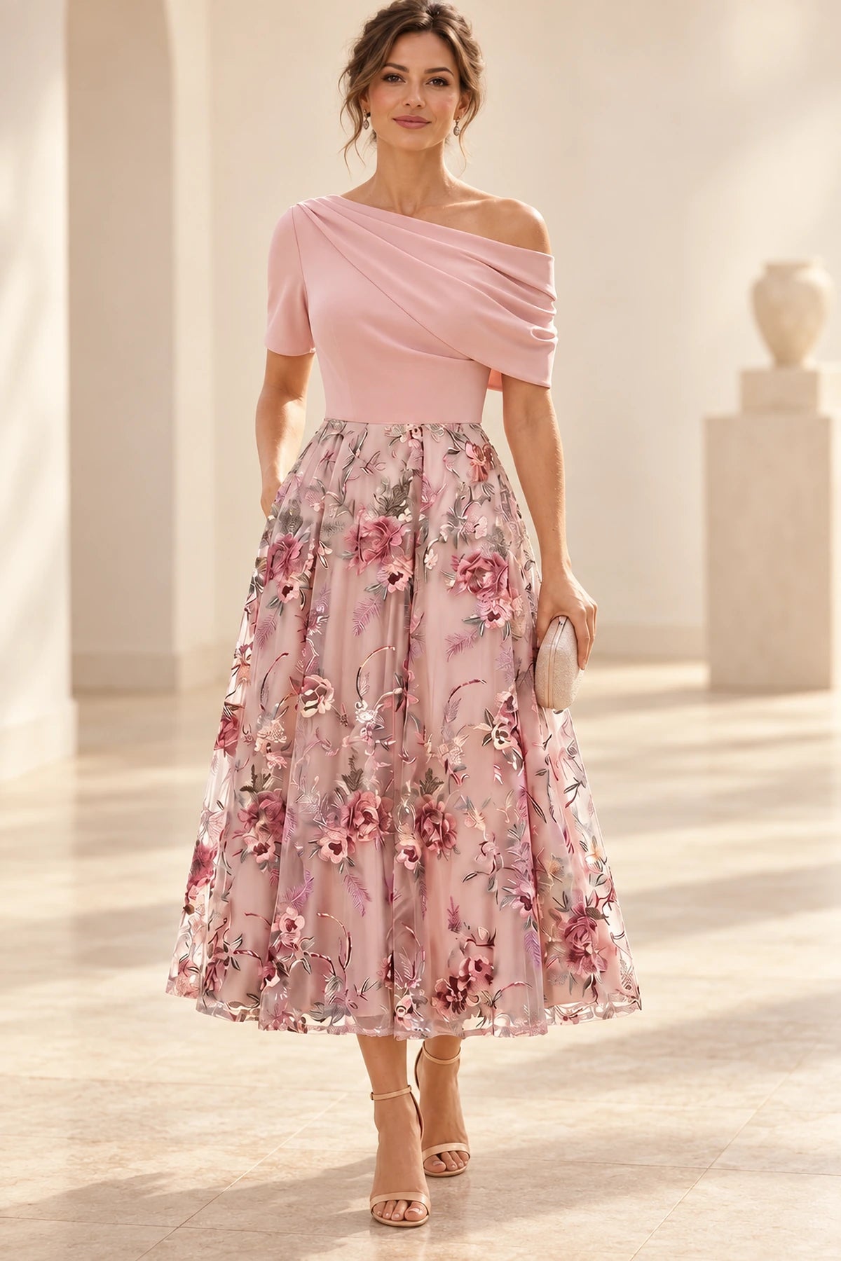 Blush pink one-shoulder Mother of the Bride Dress with floral appliqué tea-length A-line skirtBlush pink one-shoulder Mother of the Bride Dress with floral appliqué tea-length A-line skirt