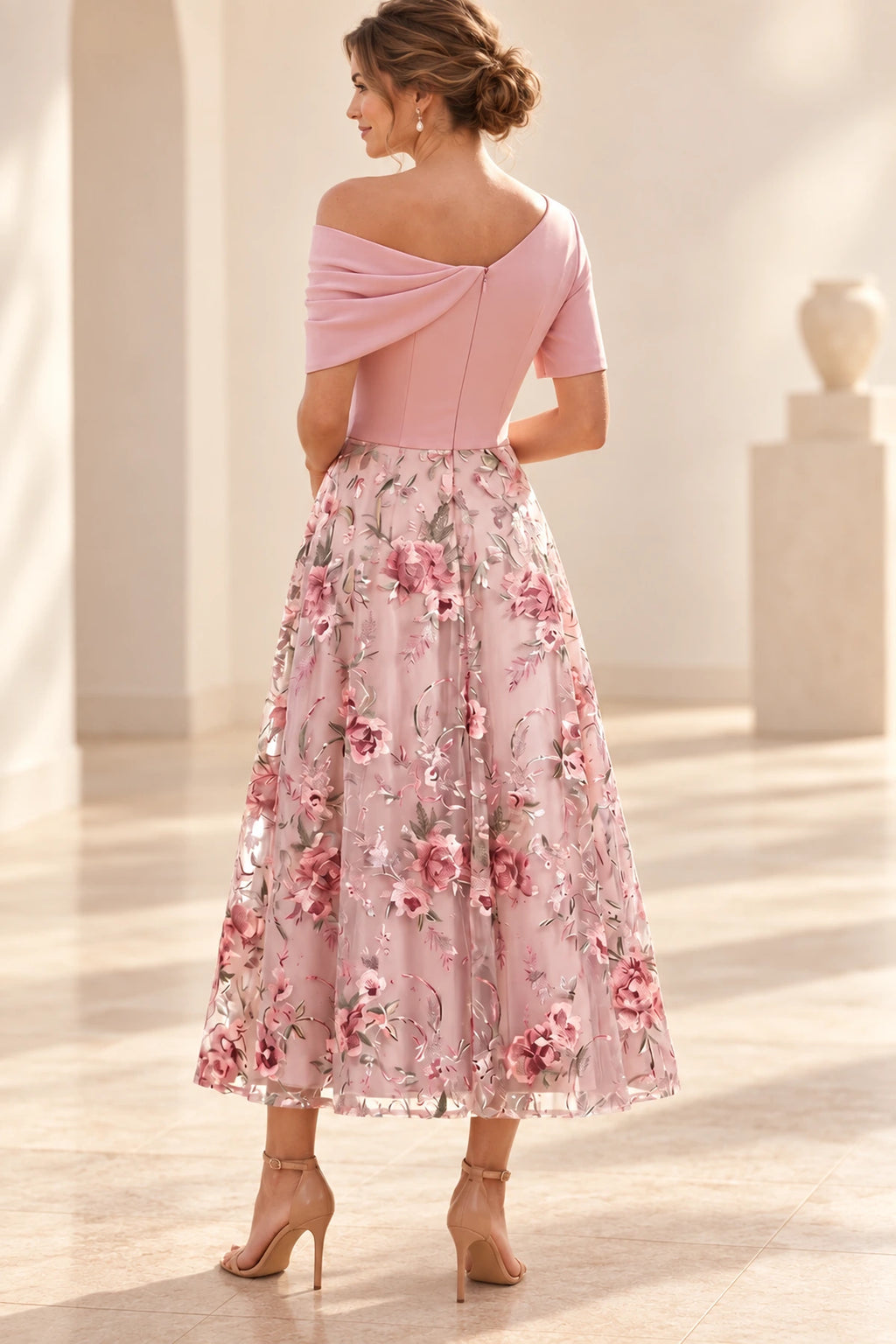 Blush pink Mother of the Bride Dress with asymmetric draped back and zipper closure