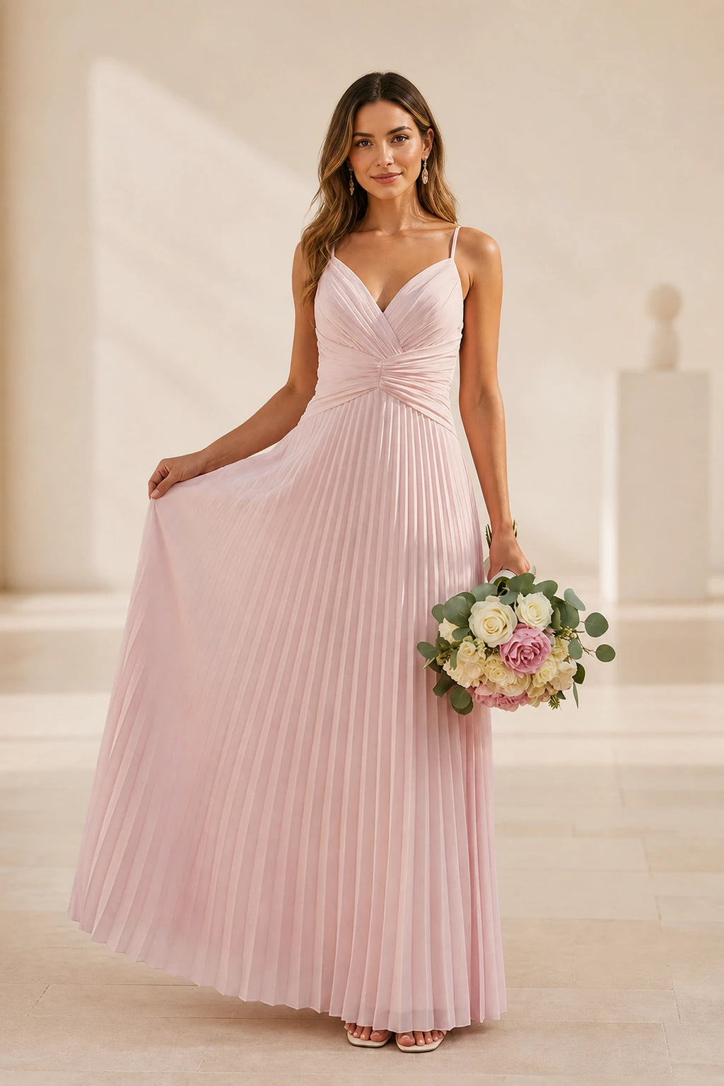 Blush pink bridesmaid dress with V-neckline, spaghetti straps, ruched waist and pleated floor-length A-line skirt