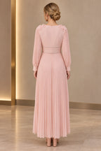 Back view of blush pink Mother of the Bride Dress with closed back, floral shoulder details and ankle-length pleated skirt